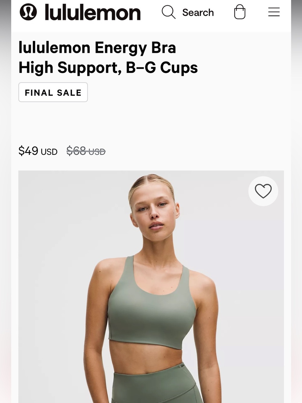 Lululemon High Support Scoop Sports Bra - Olive Green